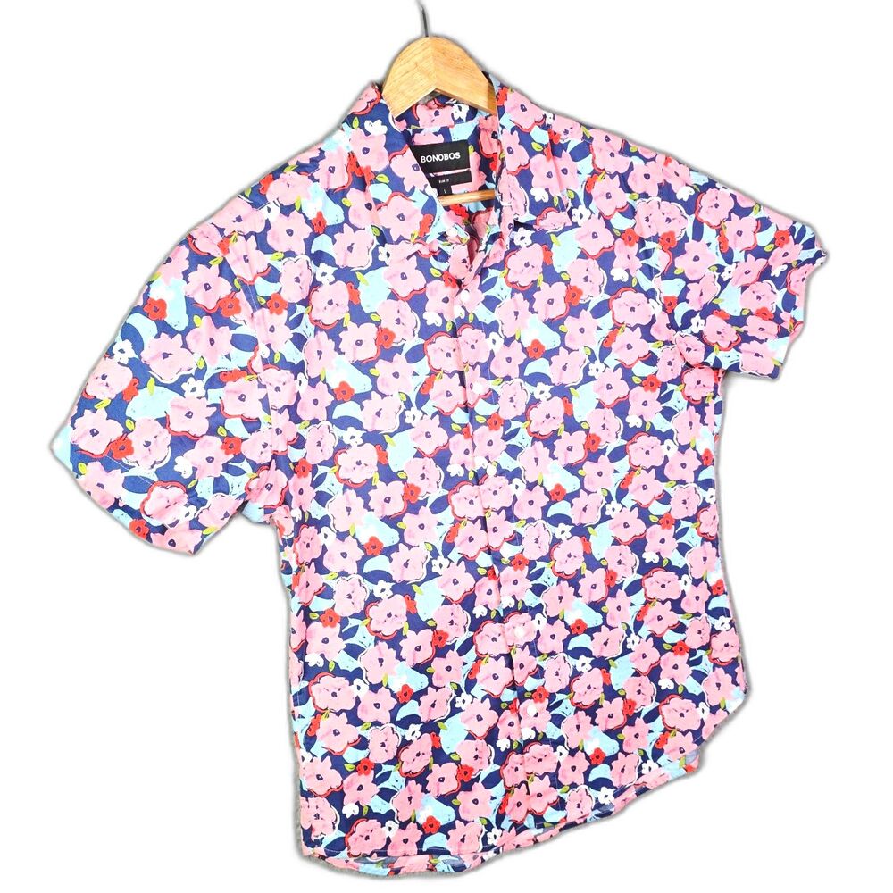 Bonobos Floral Button Up Shirt Pink L Boho Boyfriend Short Sleeve Cotton